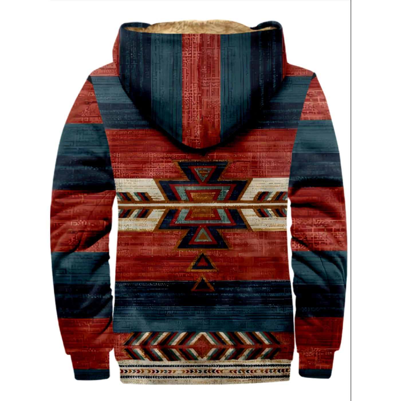 Western Aztec, Red Blue Ethnic Pattern Print Wool Hooded Jackets For Hippie