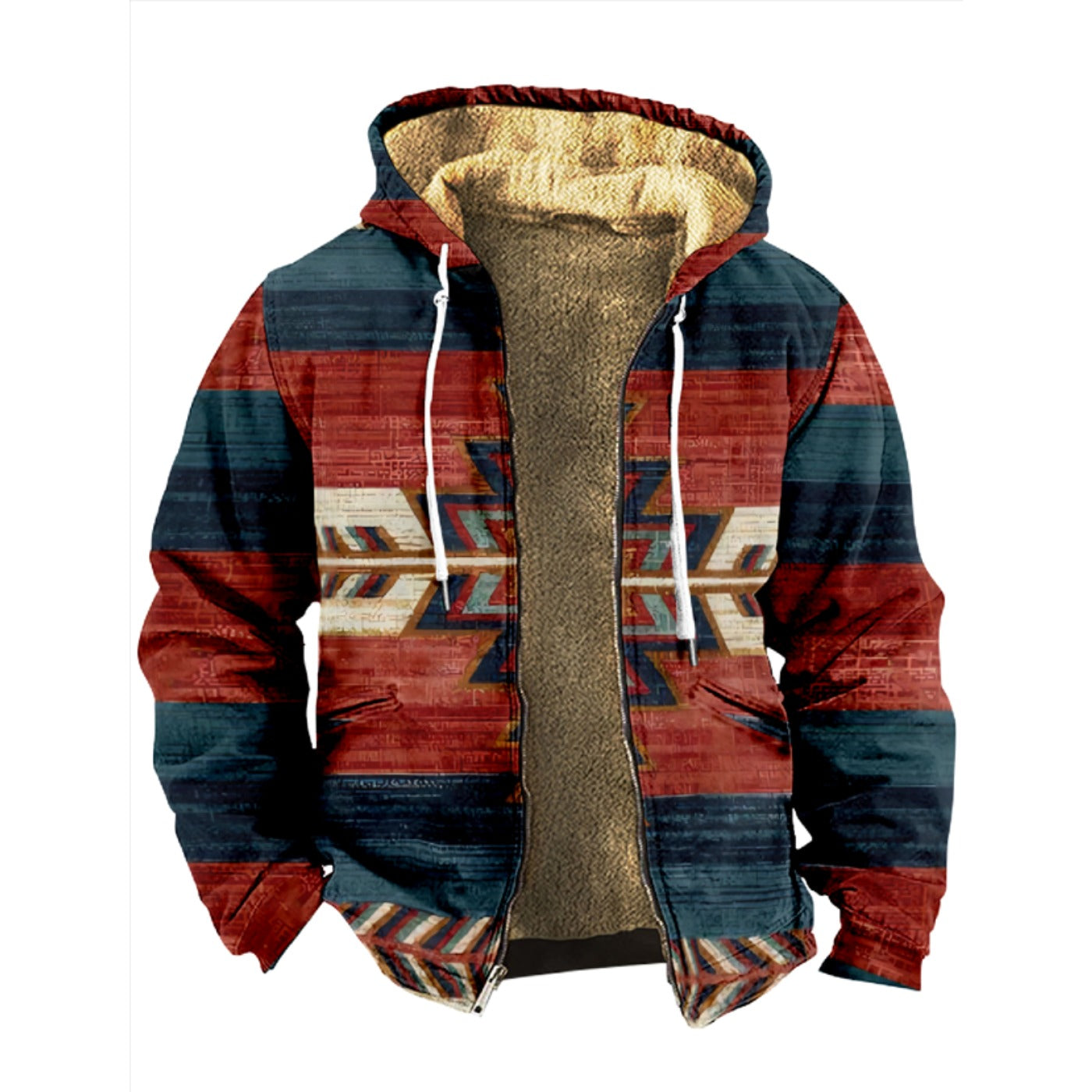 Western Aztec, Red Blue Ethnic Pattern Print Wool Hooded Jackets For Hippie