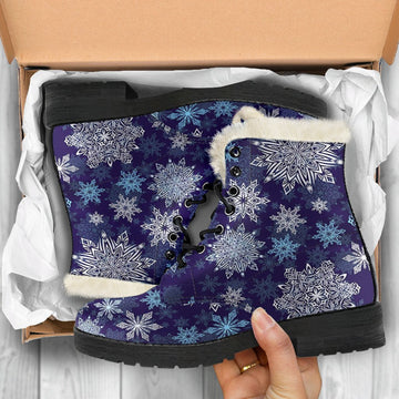 White Snowflake Print Comfy Faux Fur Boots For Winter Season