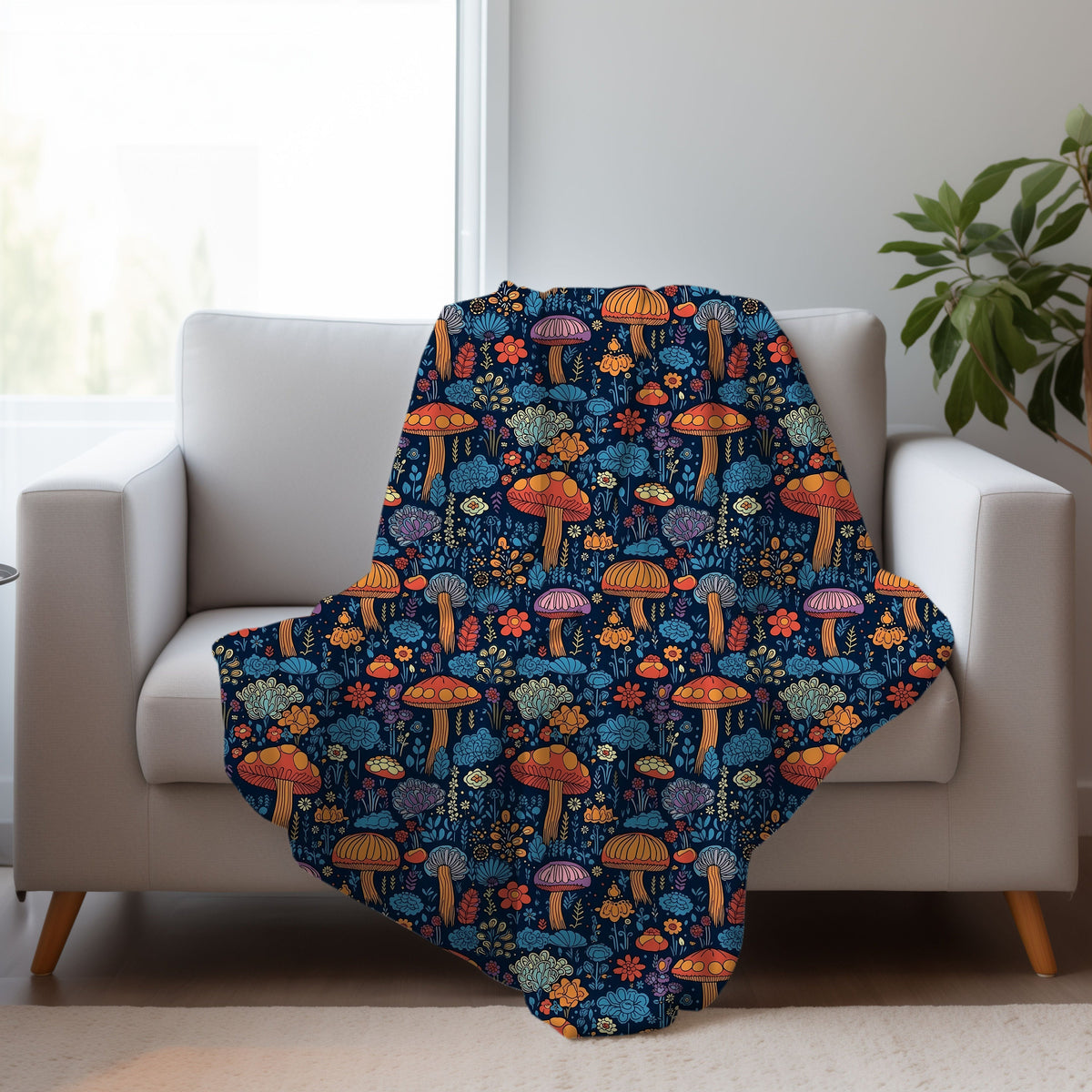 Retro Mushroom, Cottagecore Fleece Blanket For Hippies