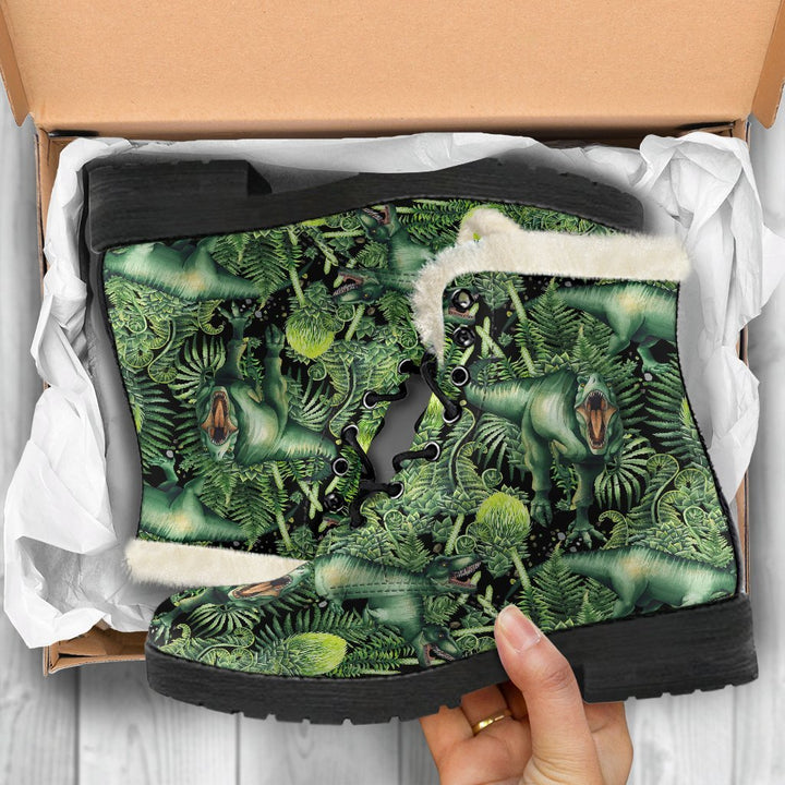 Wild Green T-REX Dinosaur Print Comfy Faux Fur Boots For Winter Season