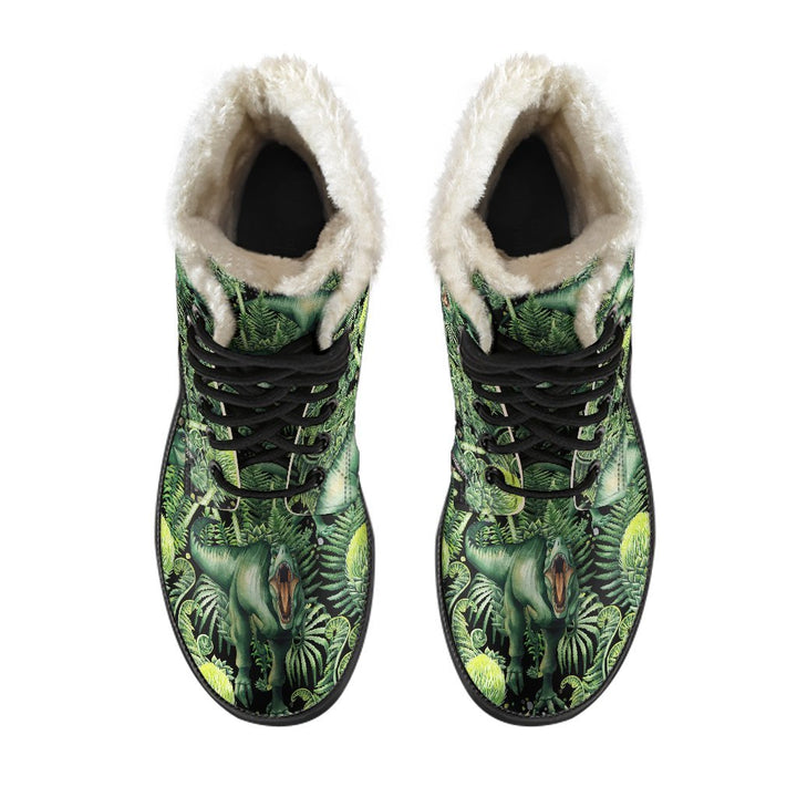 Wild Green T-REX Dinosaur Print Comfy Faux Fur Boots For Winter Season