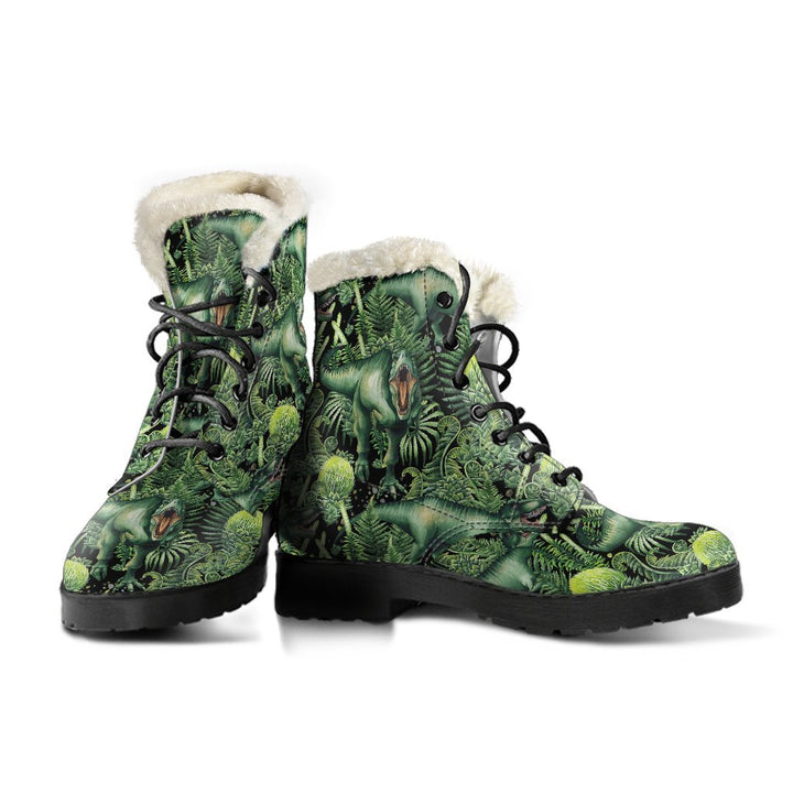 Wild Green T-REX Dinosaur Print Comfy Faux Fur Boots For Winter Season