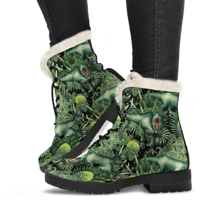 Wild Green T-REX Dinosaur Print Comfy Faux Fur Boots For Winter Season