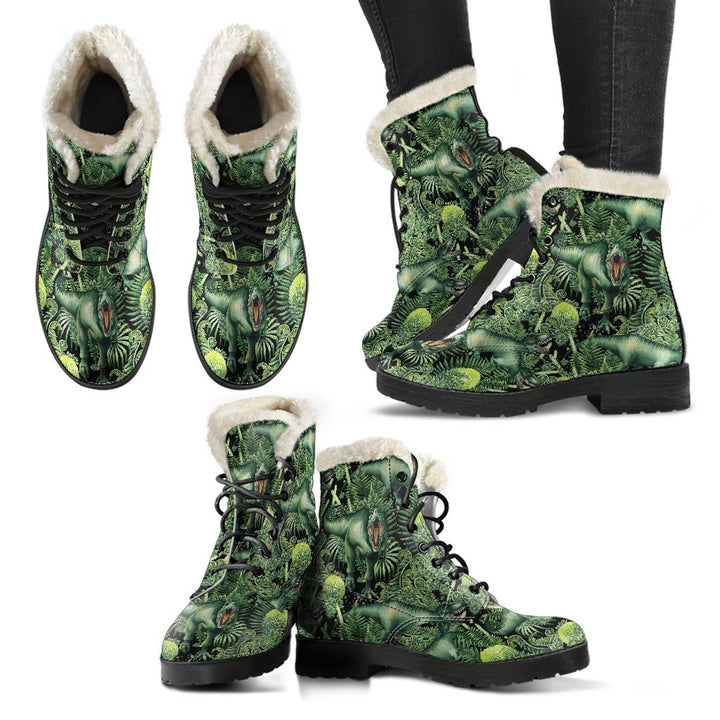 Wild Green T-REX Dinosaur Print Comfy Faux Fur Boots For Winter Season