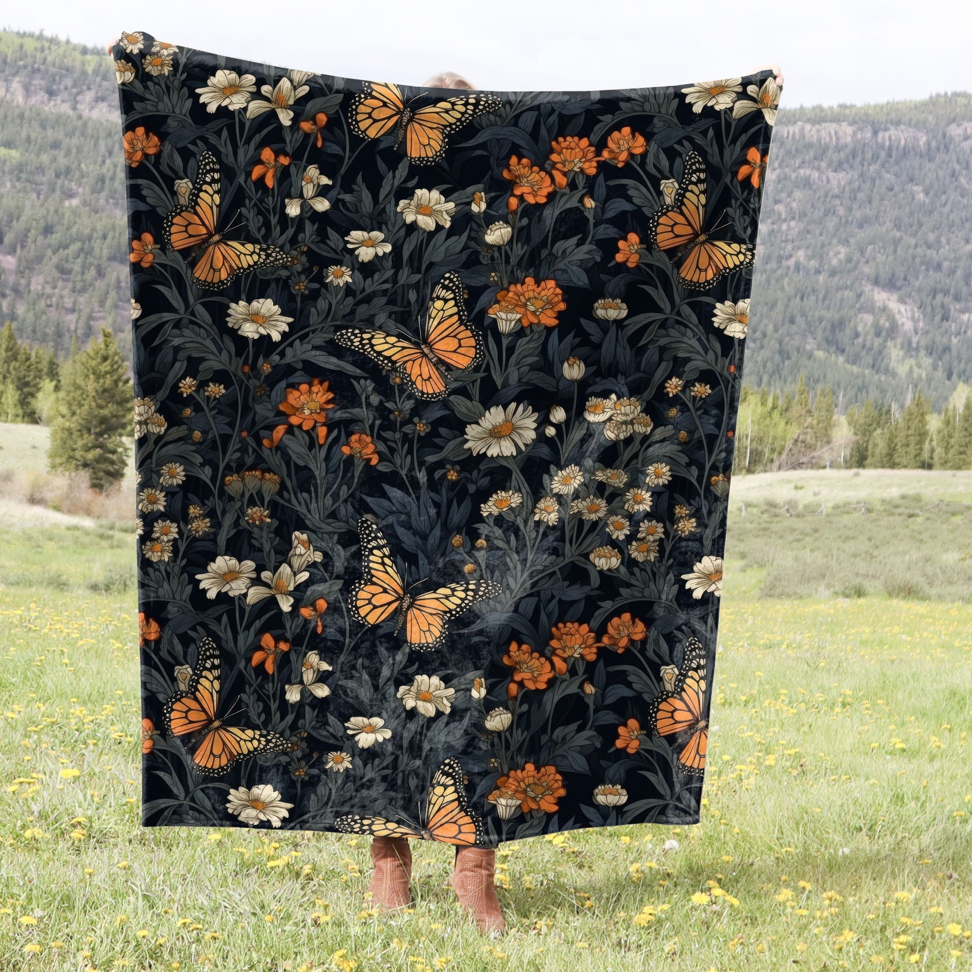 Wildflower And Butterflies, Cottagecore Fleece Blanket For Hippies