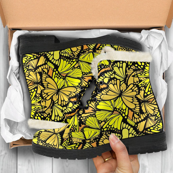 Yellow Monarch Butterfly Print Comfy Faux Fur Boots For Winter Season