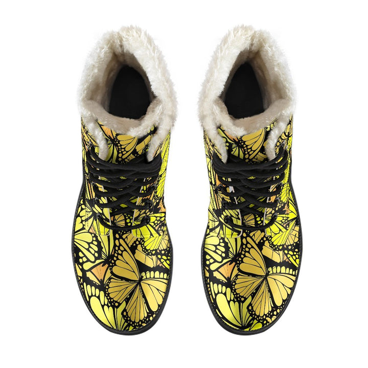 Yellow Monarch Butterfly Print Comfy Faux Fur Boots For Winter Season