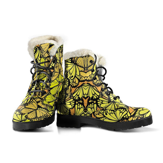 Yellow Monarch Butterfly Print Comfy Faux Fur Boots For Winter Season