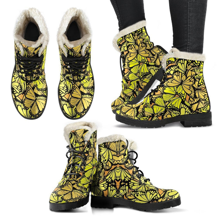 Yellow Monarch Butterfly Print Comfy Faux Fur Boots For Winter Season