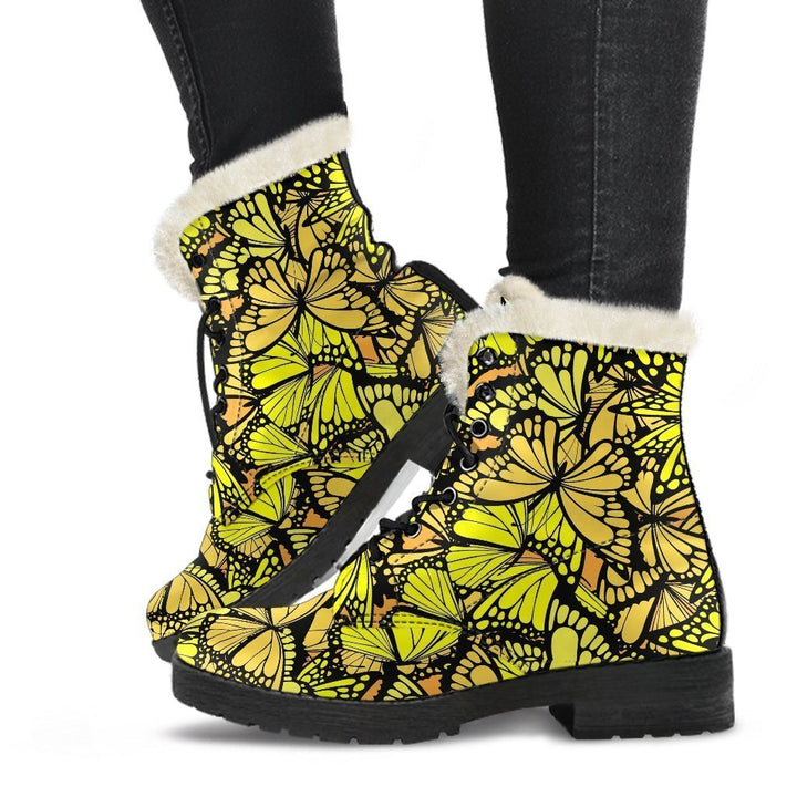 Yellow Monarch Butterfly Print Comfy Faux Fur Boots For Winter Season