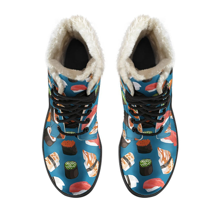 Yummy Sushi, Japanese Cuisine Print Comfy Faux Fur Boots For Winter Season