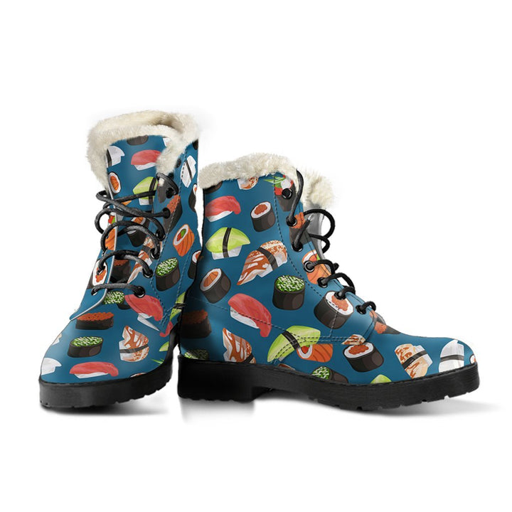 Yummy Sushi, Japanese Cuisine Print Comfy Faux Fur Boots For Winter Season