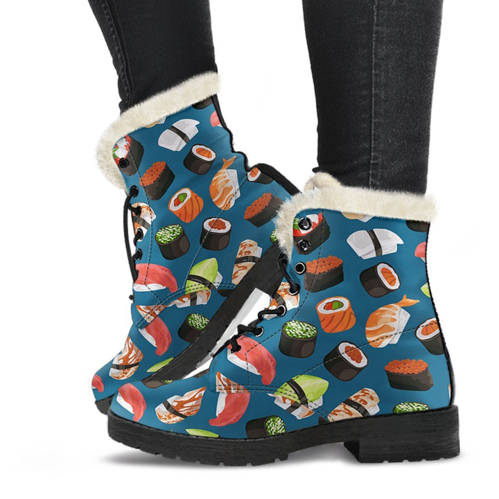 Yummy Sushi, Japanese Cuisine Print Comfy Faux Fur Boots For Winter Season