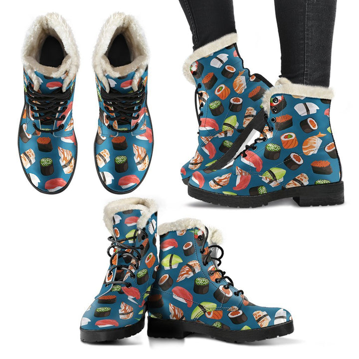 Yummy Sushi, Japanese Cuisine Print Comfy Faux Fur Boots For Winter Season