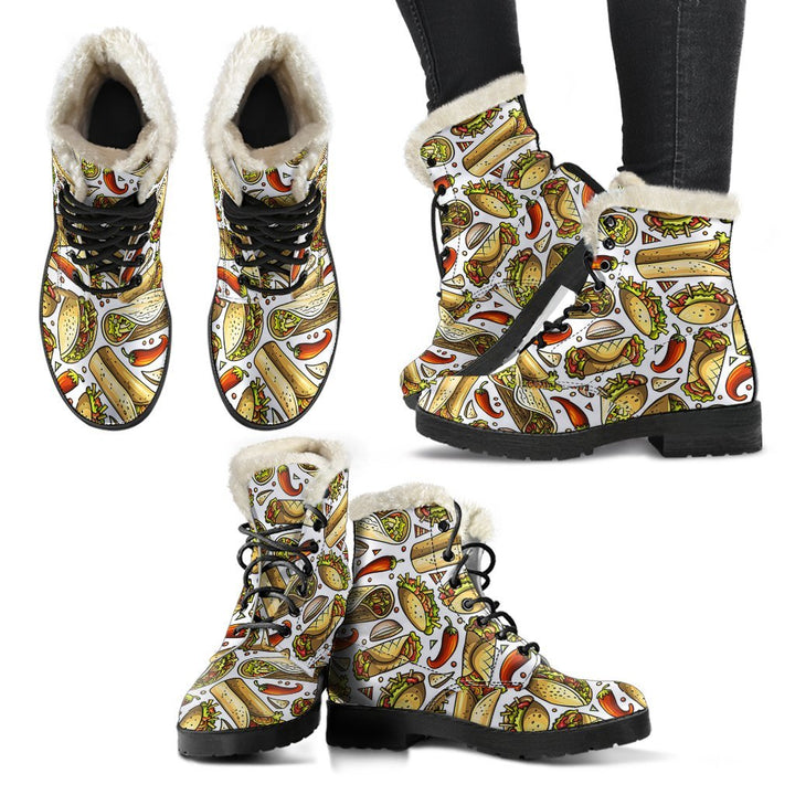 Yummy Taco Pattern Print Comfy Faux Fur Boots For Winter Season