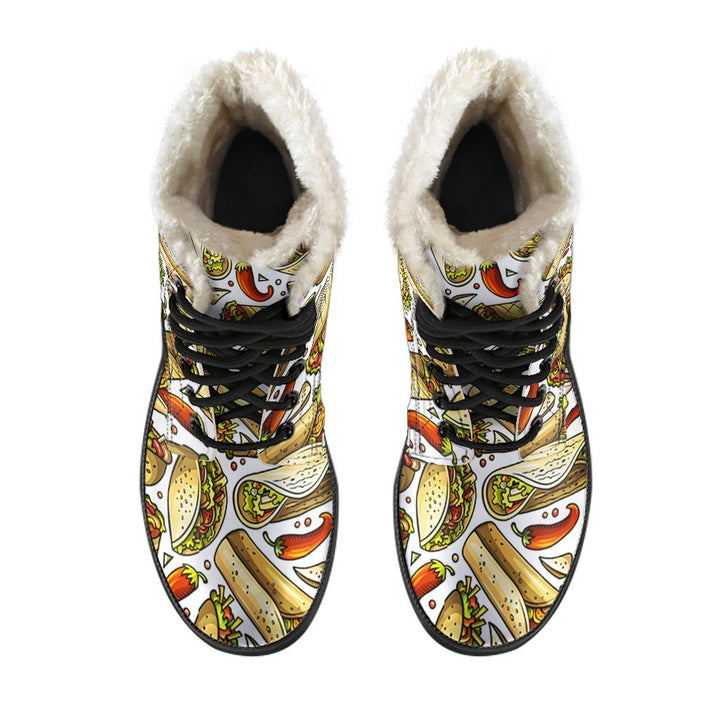 Yummy Taco Pattern Print Comfy Faux Fur Boots For Winter Season