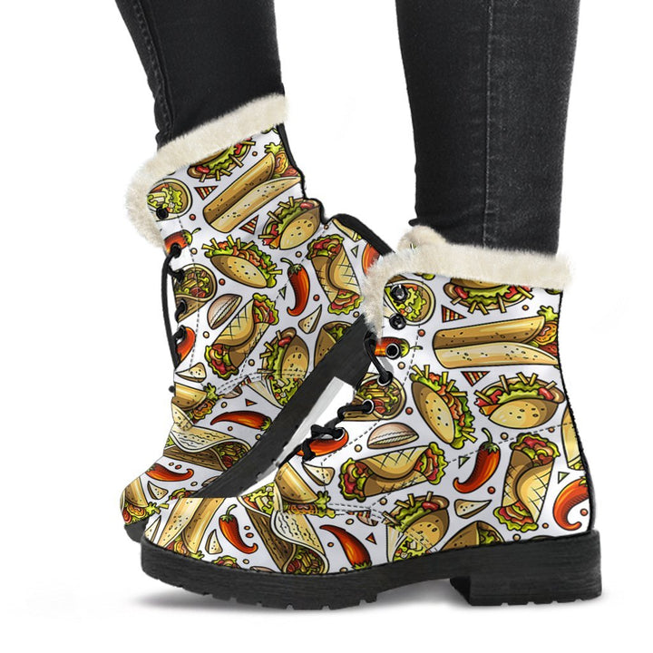 Yummy Taco Pattern Print Comfy Faux Fur Boots For Winter Season