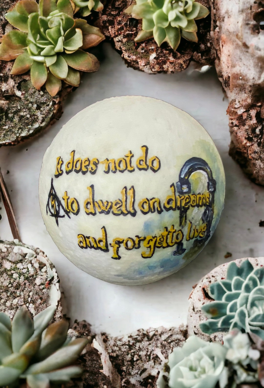 Emerald Blossoms - &quot;It does not do to dwell on dreams and forget to live&quot; hand painted on moon lamp