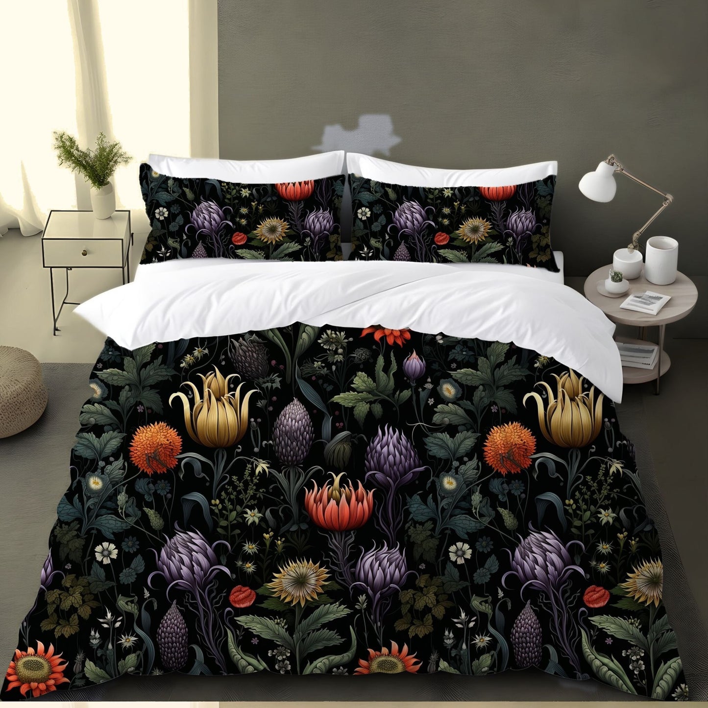 Emerald Blossoms - Enchanted Autumn Floral, Halloween Witchy Flowers Bedding Set For Hippies