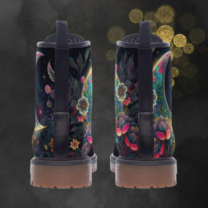 Emerald Blossoms - Fantasy Garden Tribal Moon Vegan Leather Combat Boots For Hippies