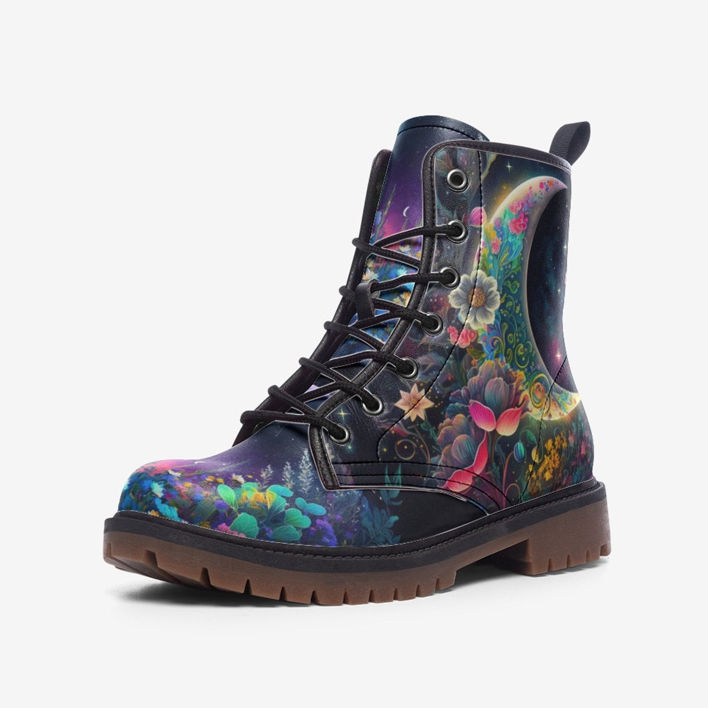 Emerald Blossoms - Fantasy Garden Tribal Moon Vegan Leather Combat Boots For Hippies