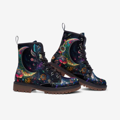 Emerald Blossoms - Fantasy Garden Tribal Moon Vegan Leather Combat Boots For Hippies