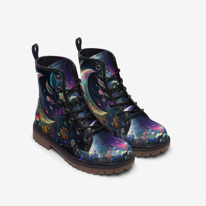 Emerald Blossoms - Fantasy Garden Tribal Moon Vegan Leather Combat Boots For Hippies