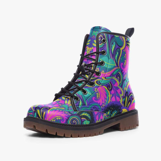 Emerald Blossoms - Floral Abstract Leather Boots, Cute Trendy Boho Hippie Style Combat Boots