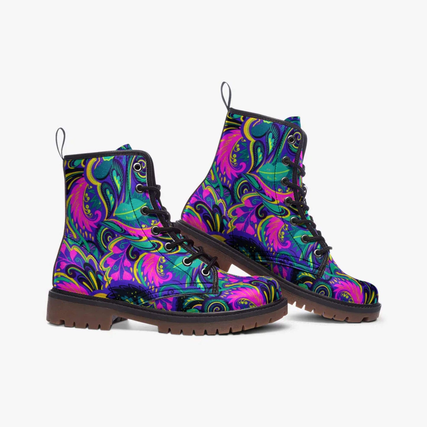 Emerald Blossoms - Floral Abstract Leather Boots, Cute Trendy Boho Hippie Style Combat Boots