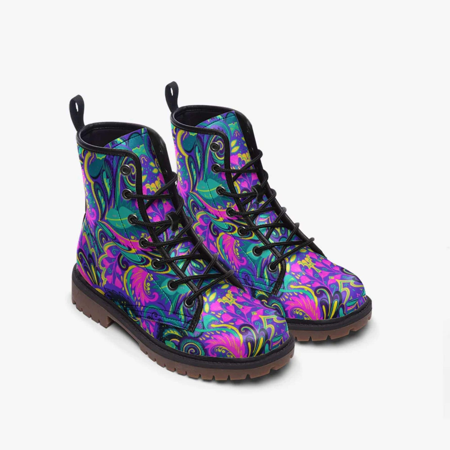 Emerald Blossoms - Floral Abstract Leather Boots, Cute Trendy Boho Hippie Style Combat Boots