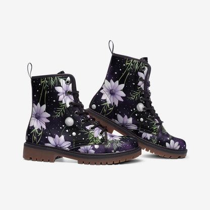 Emerald Blossoms - Floral Purple Vegan Leather Combat Boots For Hippies