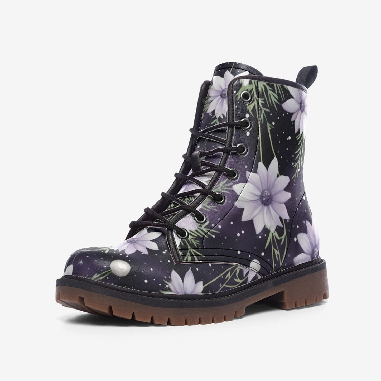 Emerald Blossoms - Floral Purple Vegan Leather Combat Boots For Hippies