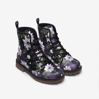 Emerald Blossoms - Floral Purple Vegan Leather Combat Boots For Hippies