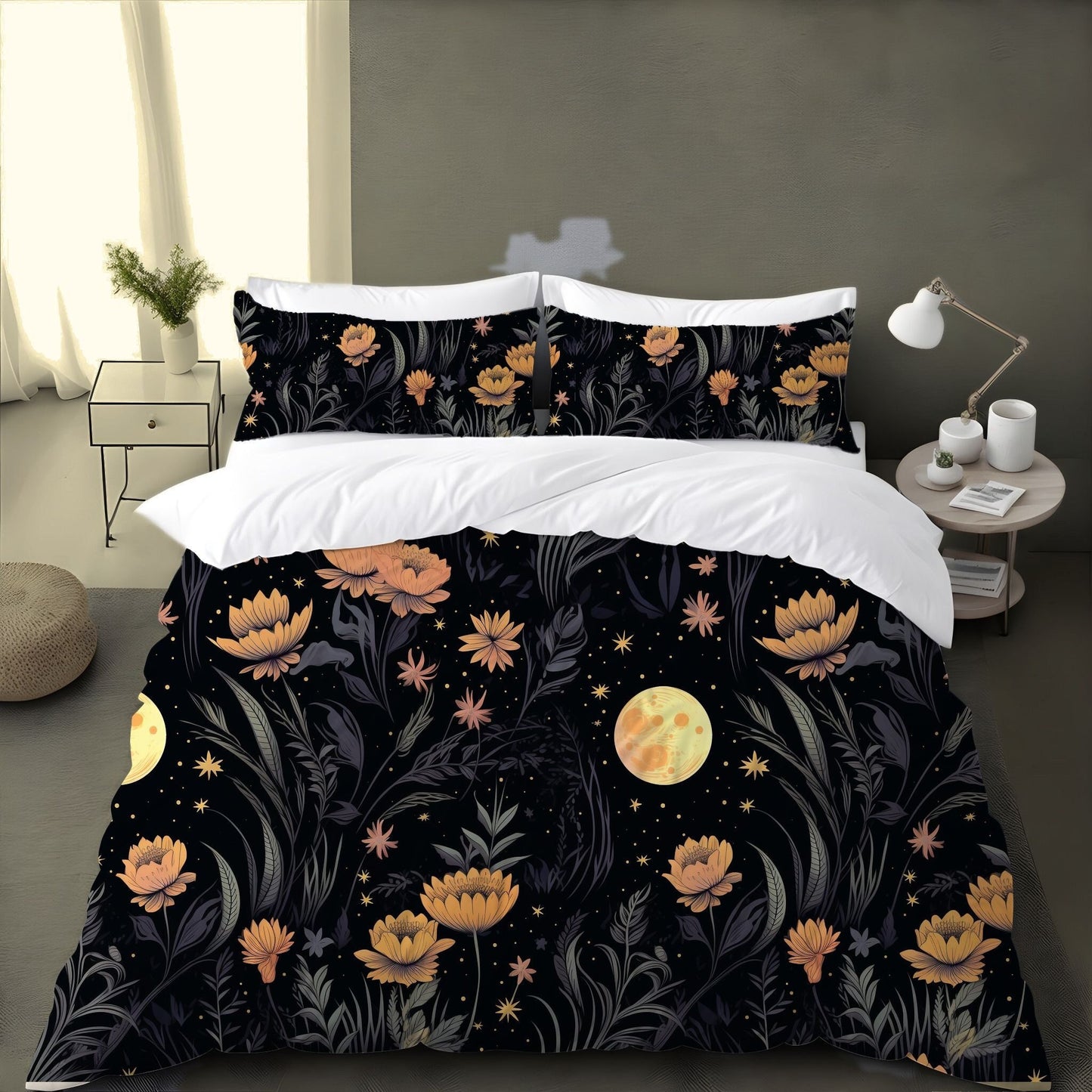 Emerald Blossoms - Garden of Shadows Floral, Halloween Witchy Flowers Bedding Set For Hippies