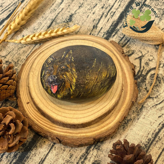 Emerald Blossoms - Hand Painted German Shepherd on a Rock
