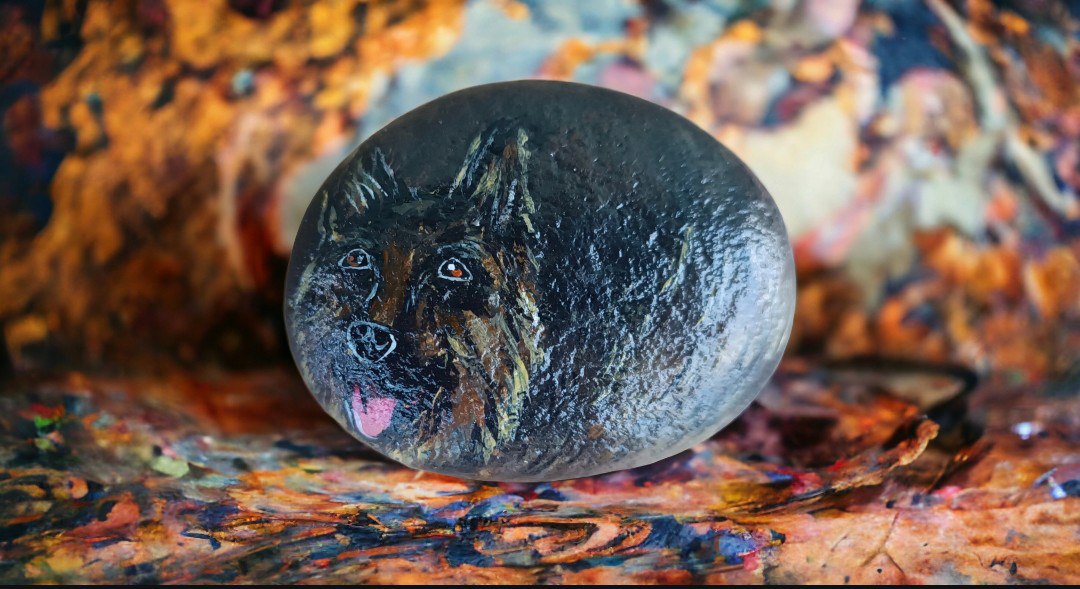 Emerald Blossoms - Hand Painted German Shepherd on a Rock