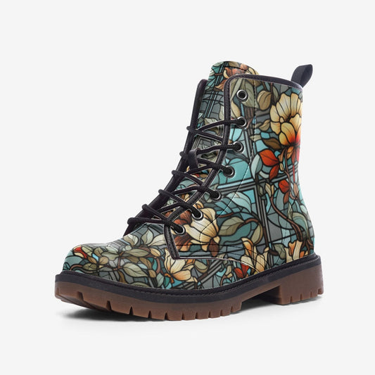 Emerald Blossoms - Glass Painting Leather Boots: Floral Spring Summer Fall Winter Light Boots For Hippies