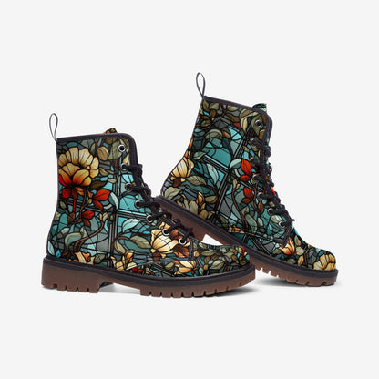 Emerald Blossoms - Glass Painting Leather Boots: Floral Spring Summer Fall Winter Light Boots For Hippies