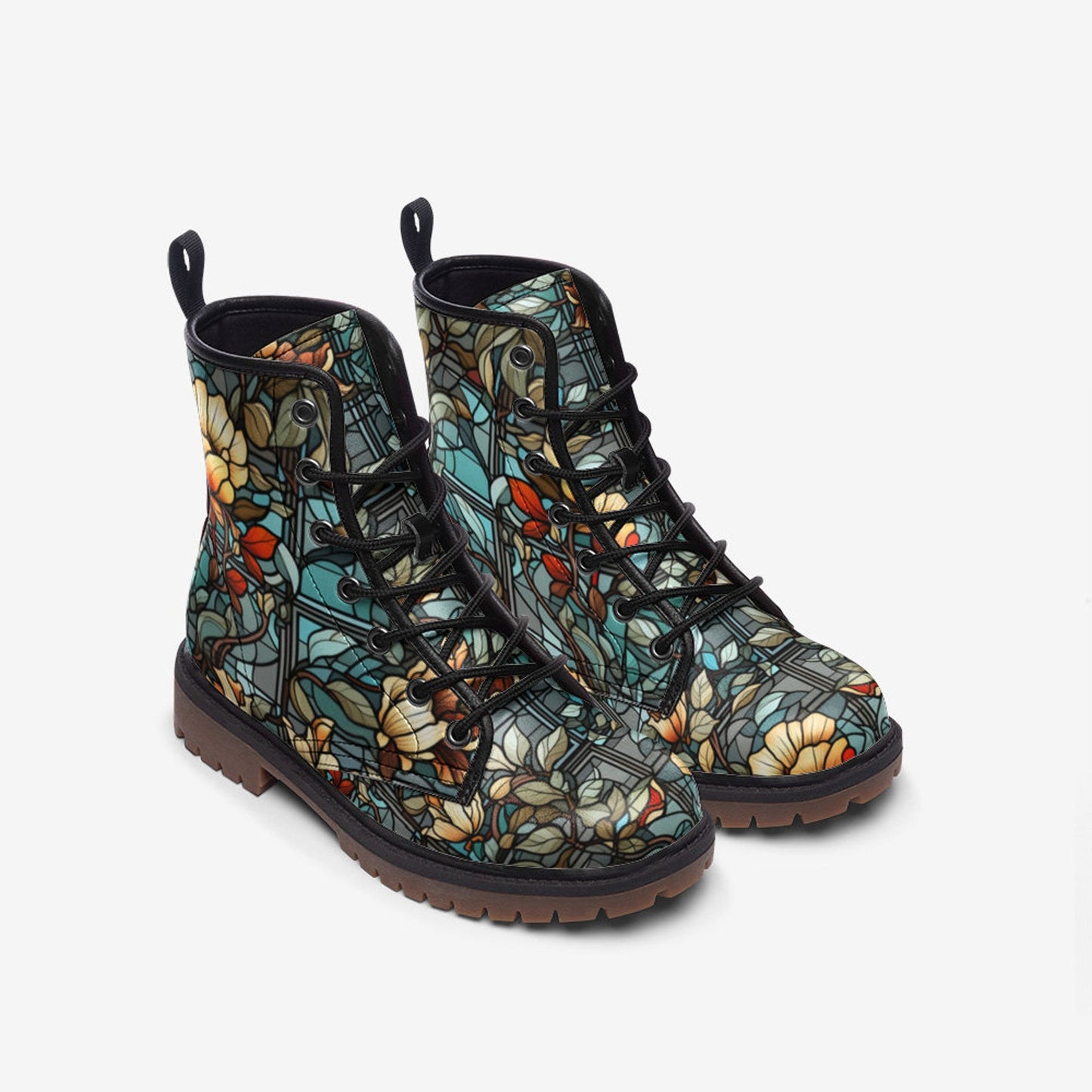 Emerald Blossoms - Glass Painting Leather Boots: Floral Spring Summer Fall Winter Light Boots For Hippies