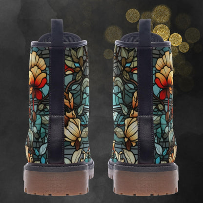 Emerald Blossoms - Glass Painting Leather Boots: Floral Spring Summer Fall Winter Light Boots For Hippies