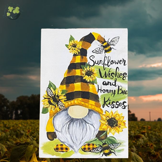 Emerald Blossoms - A hand painted canvas &quot;Gnome’s Love for Bee and Sunflower&quot;