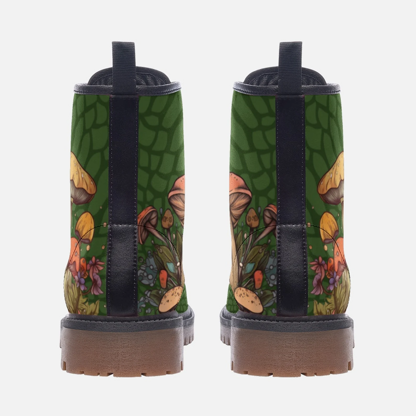 Emerald Blossoms - Green Mushroom Boots, Green Vegan Leather Lace Up Boots For Hippies