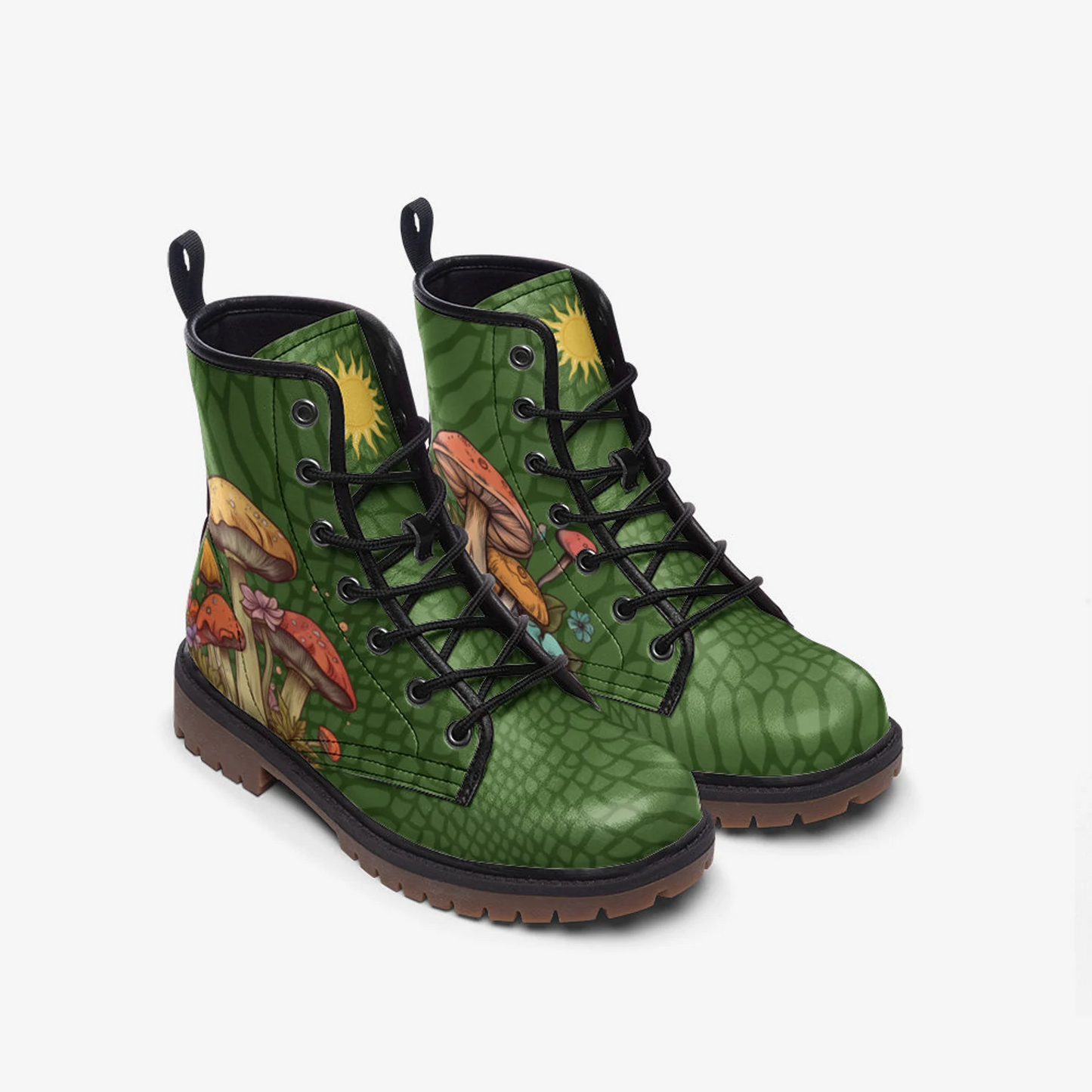 Emerald Blossoms - Green Mushroom Boots, Green Vegan Leather Lace Up Boots For Hippies