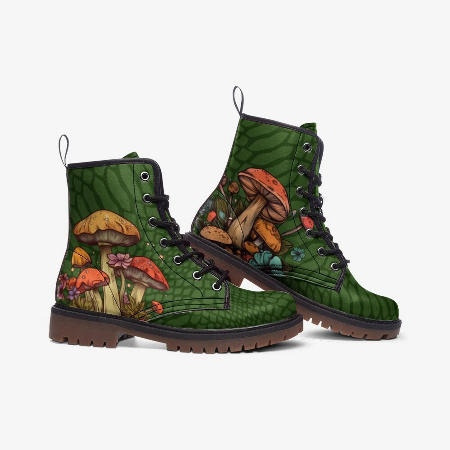 Emerald Blossoms - Green Mushroom Boots, Green Vegan Leather Lace Up Boots For Hippies