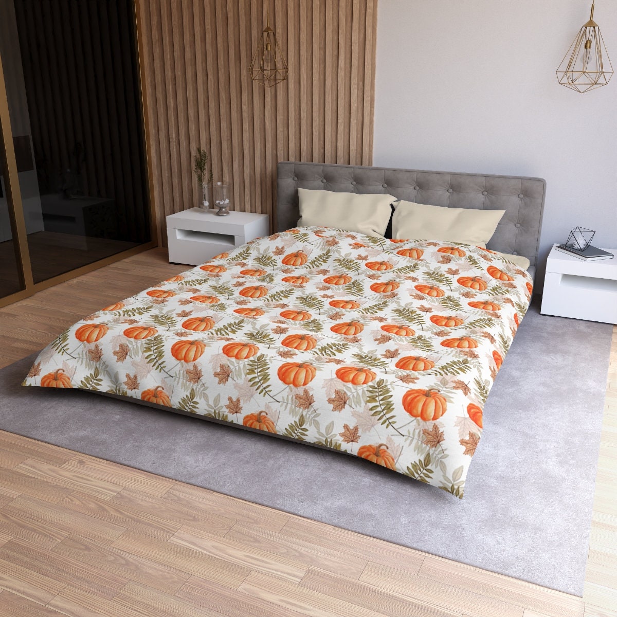 Emerald Blossoms - Halloween Pumpkin Duvet Cover, Fall Autumn Leaves Bedding Set For Hippies