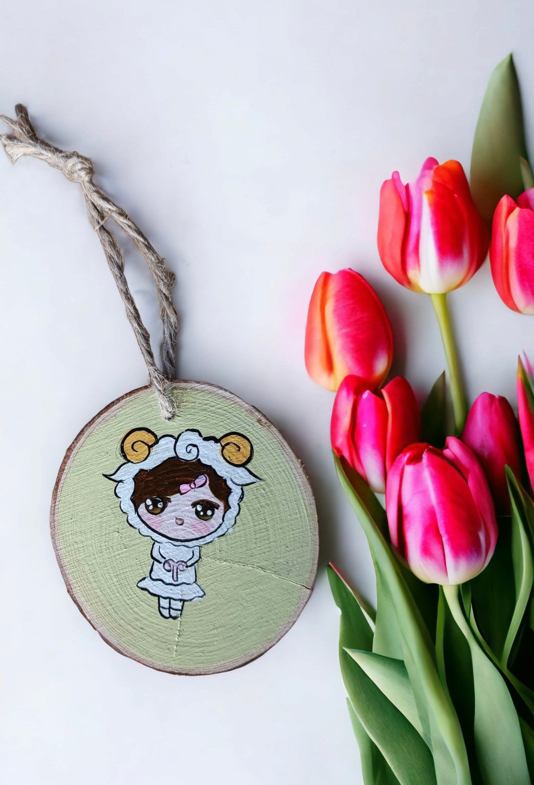 Emerald Blossoms - Hand painted Chibi Aries on Wood Slice