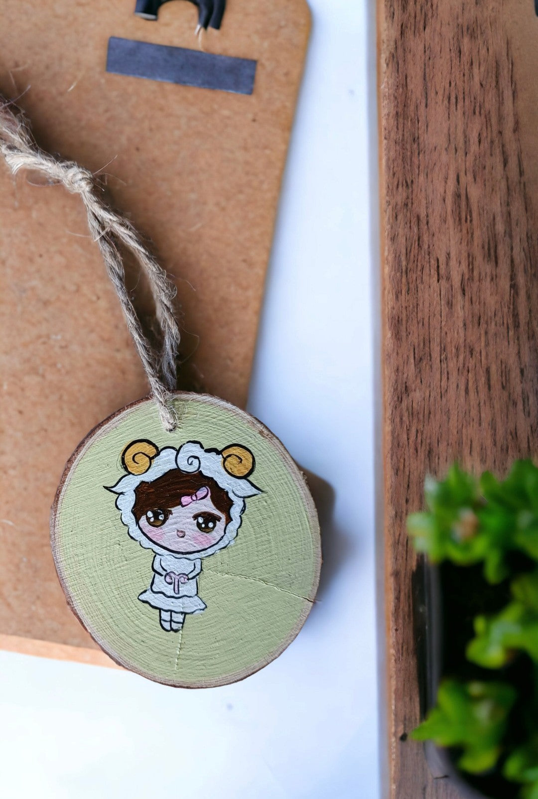 Emerald Blossoms - Hand painted Chibi Aries on Wood Slice