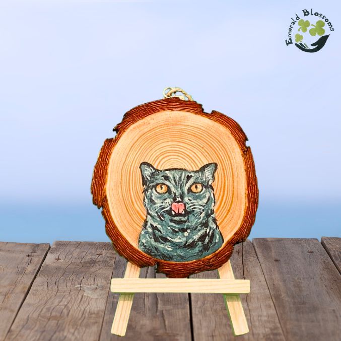Emerald Blossoms - Hand painted British Shorthair on Wood Slice