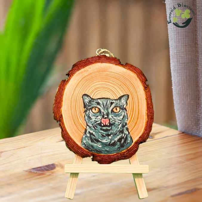 Emerald Blossoms - Hand painted British Shorthair on Wood Slice